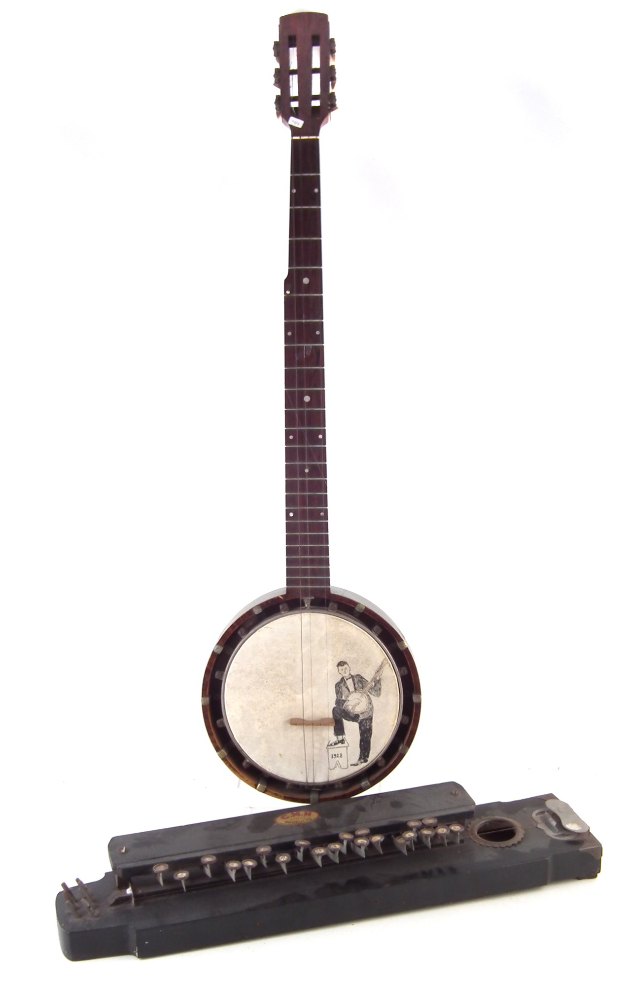 1282x2000 J E Dallas Five String Banjo, With Pen And Ink Drawing To Skin