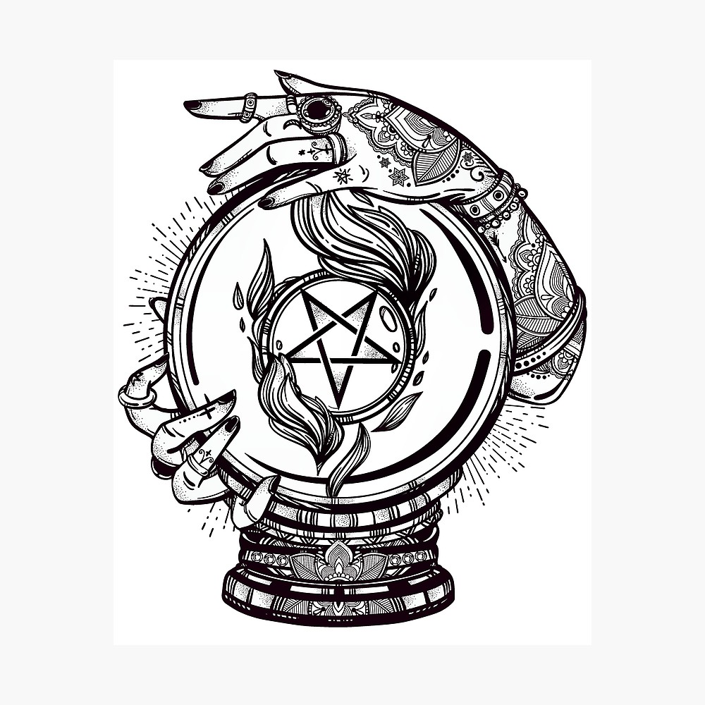 1000x1000 psychic reader with crystal ball and the sigil of baphomet