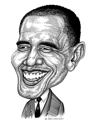 291x396 barack obama caricature, obama pen and ink illustration, illinois