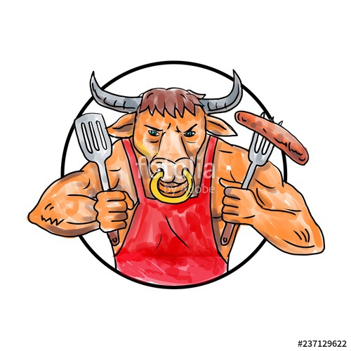 500x500 Bull Holding Barbecue Sausage Drawing Color Stock Image