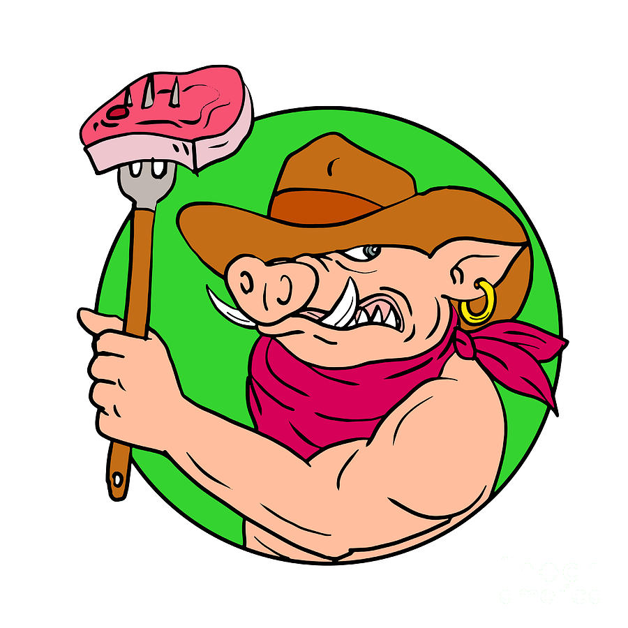 900x900 Cowboy Hog Holding Barbecue Steak Drawing Color Digital Art