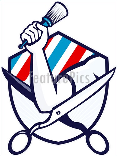 374x499 Barber Hand Holding Brush Scissors Shield Retro Stock Illustration