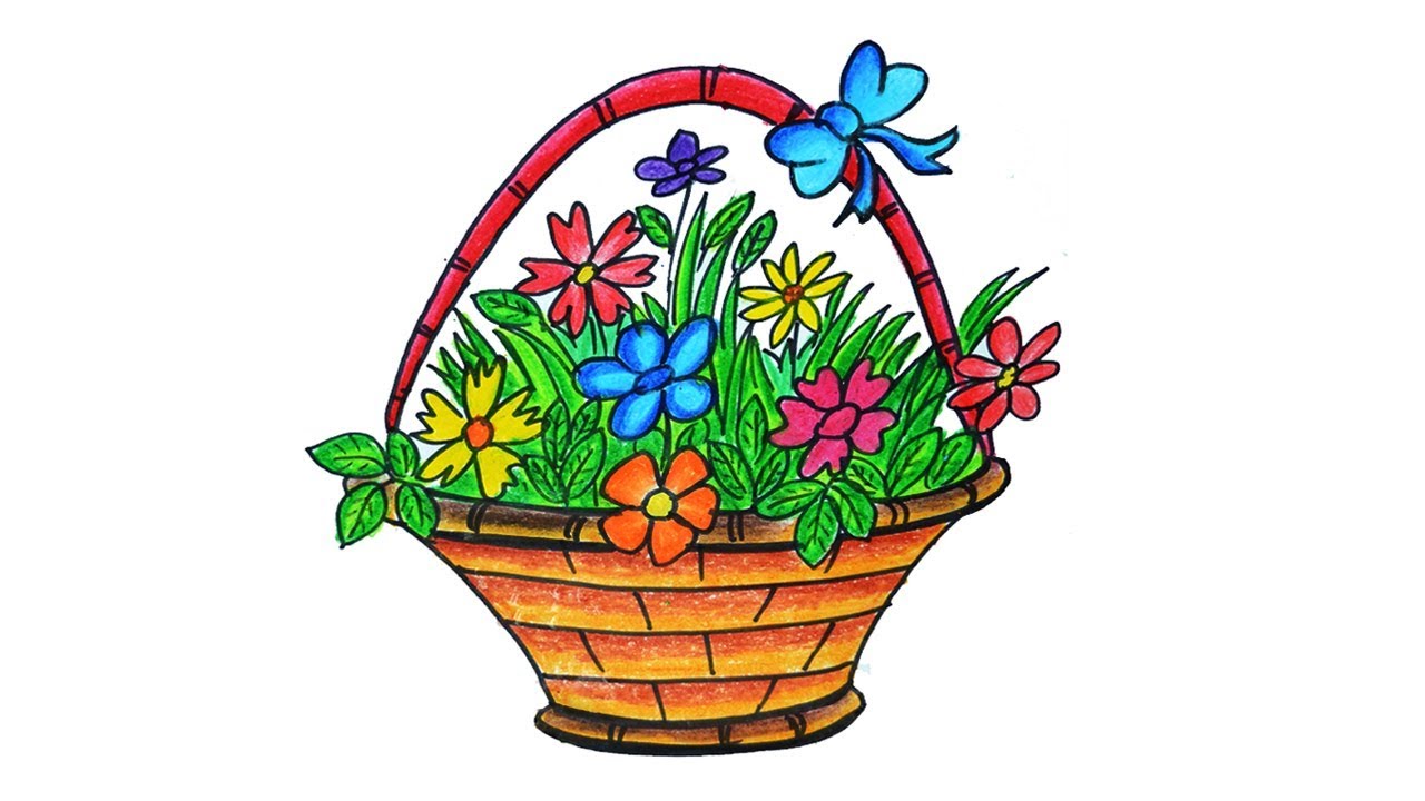 1280x720 Flower Basket Drawing, How To Draw Flower Basket Step