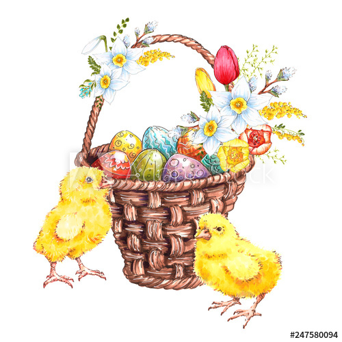 500x500 Multi Colored Easter Eggs In A Basket With Flowers And Cute Chicks