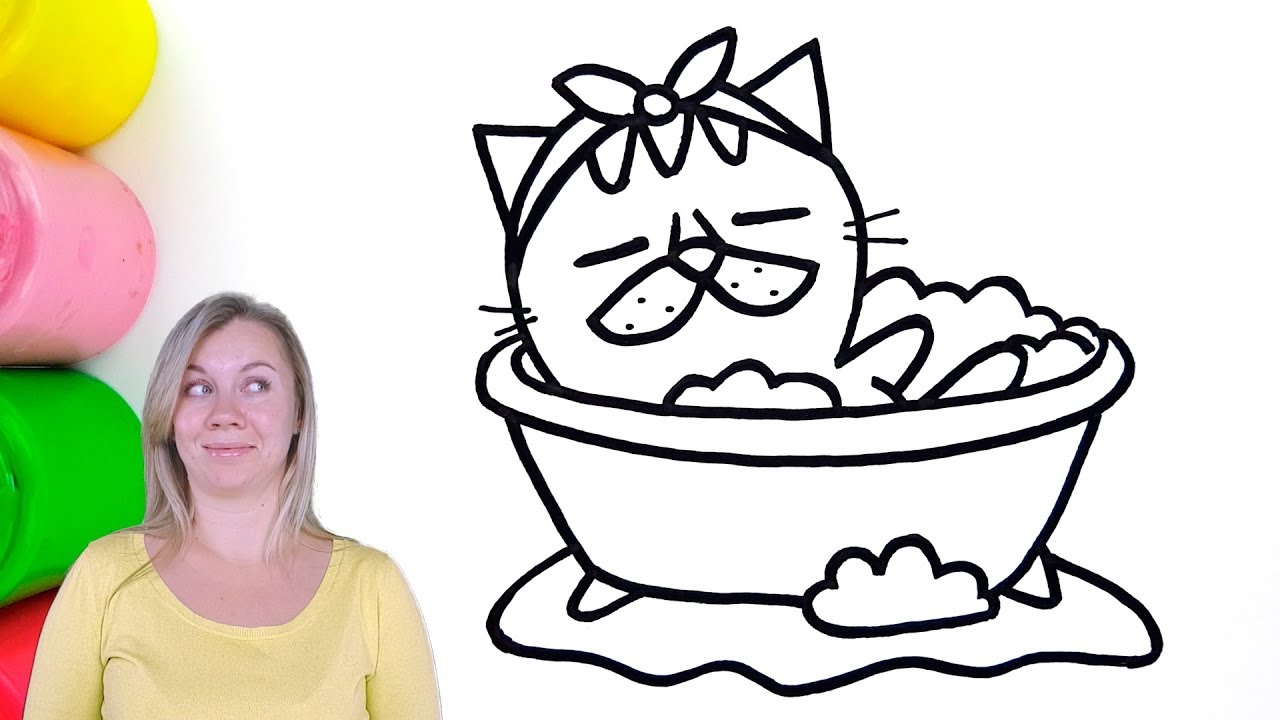 1280x720 Cat In Bath Coloring And Drawing For Kids