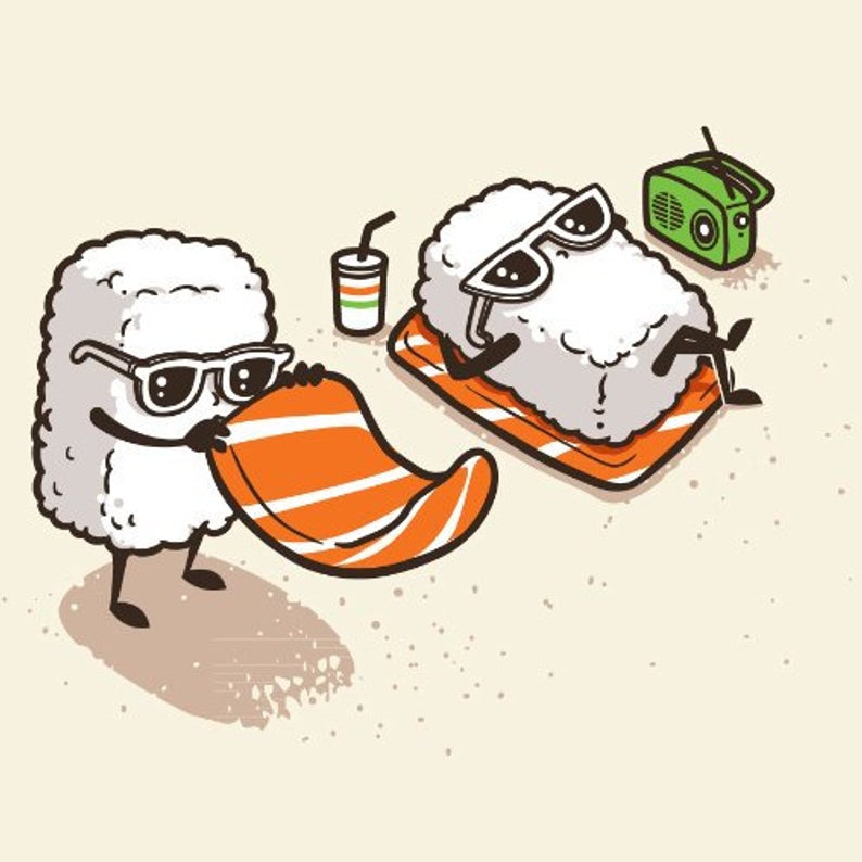794x794 summer sushi funny cartoon sushi sunbathing on beach vinyl etsy