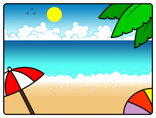 540x411 Colorful Drawing Of A Cartoon Beach, With The Sea, Birds, Sun