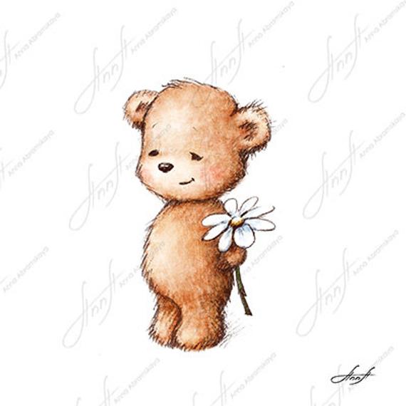 570x570 The Drawing Of Cute Teddy Bear With With Daisy Printable Art