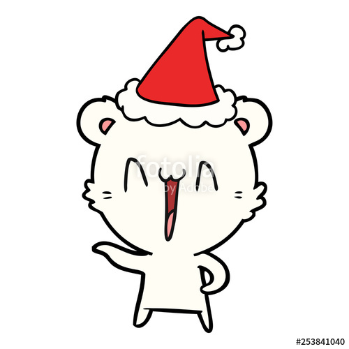 500x500 Laughing Polar Bear Line Drawing Of A Wearing Santa Hat Stock