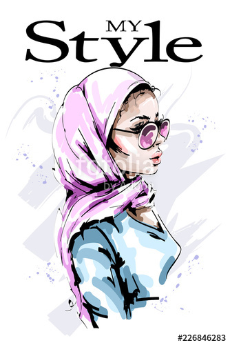 334x500 Hand Drawn Beautiful Young Woman In Head Scarf Stylish Elegant