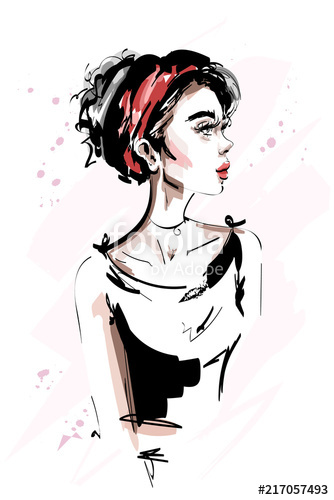 334x500 Hand Drawn Beautiful Young Woman With Red Lips Stylish Elegant