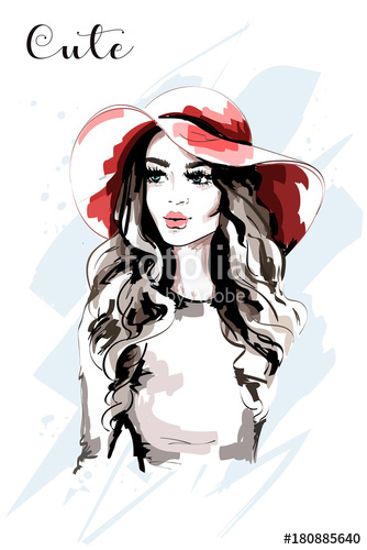 334x500 Hand Drawn Beautiful Woman In Red Hat Fashion Lady Stylish Young