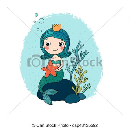450x441 Beautiful Little Mermaid With A Starfish Sitting On A Stone