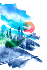 161x240 Watercolor Banner, Logo, Postcard Black Silhouette Of The Forest