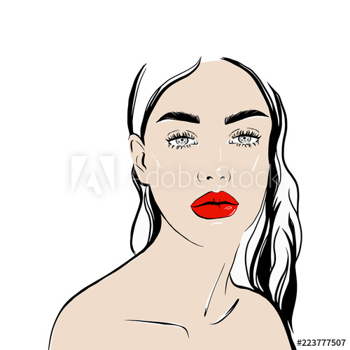 500x500 Beautiful Woman Face With Red Lips Hand Drawn Vector Illustration