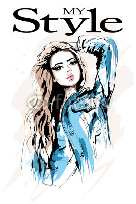 267x400 Hand Drawn Beautiful Woman Portrait Stylish Woman In Jeans Jacket