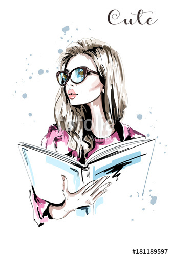 334x500 Hand Drawn Beautiful Woman With Book Fashion Woman In Eyeglasses