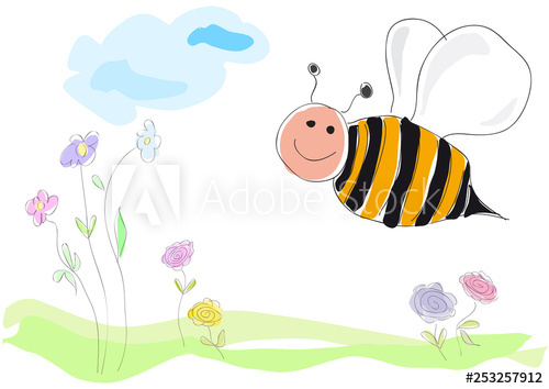 500x354 Bee On Flowers, Vector Illustration Drawing Made