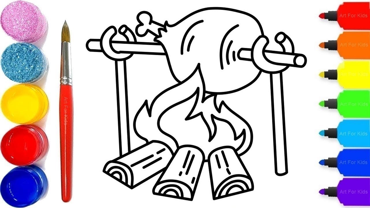 1280x720 Drawing And Coloring Bonfire With Grilled Beef For Kids