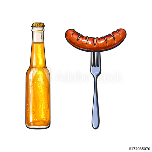 500x500 Cold Beer And Grilled, Barbequed Sausage On Fork, Sketch Style