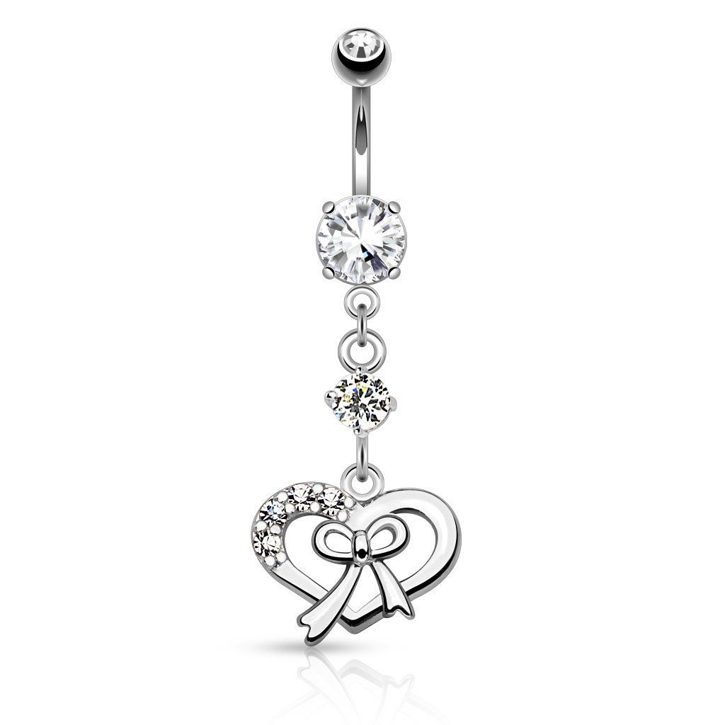 1024x1024 Ribbon And Heart With Paved Gems Dangle Navel Belly Button Ring