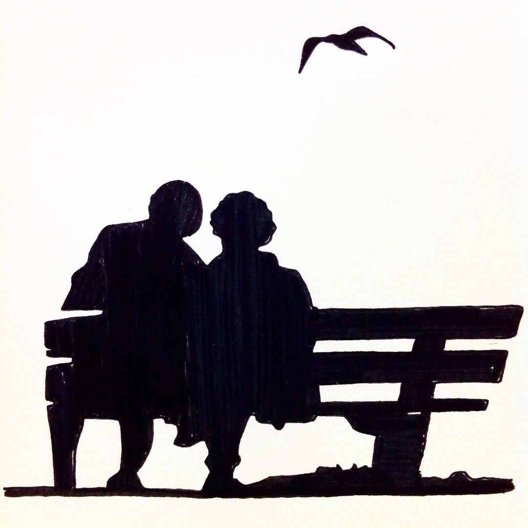 1080x1080 Love, Two Elderly People Sitting On A Bench In The Park, Drawing