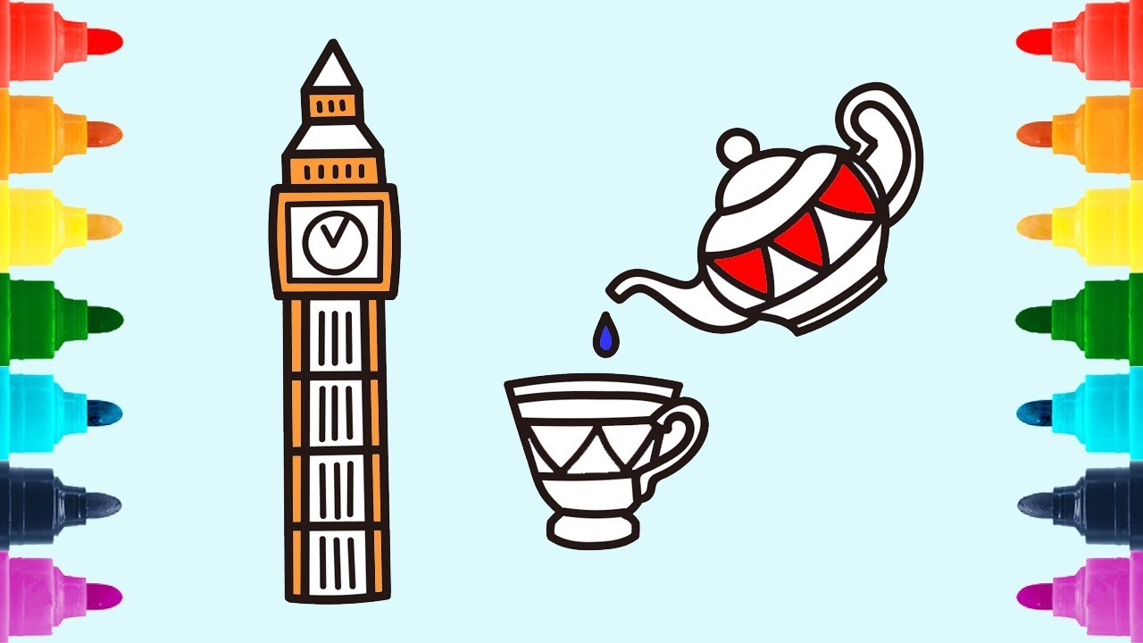 1280x720 Big Ben And Tea Set How To Draw And Coloring For Kids Art Colors