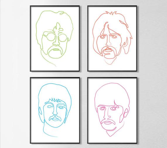 570x503 Beatles Continuous Line Drawing Portraits Fab Four Wall Etsy