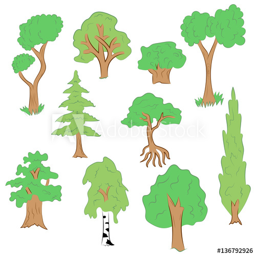 500x500 Hand Drawn Set Of Trees Doodle Drawings Of Green Fir, Cypress