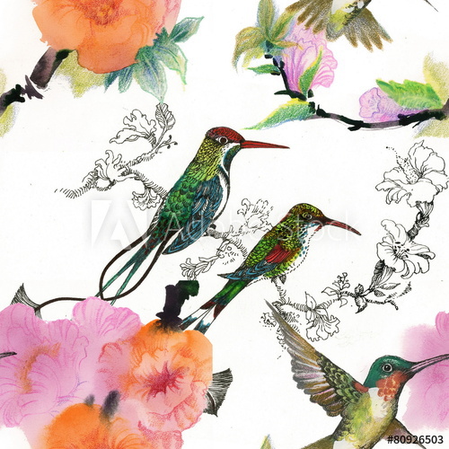500x500 Drawing Of Beautiful Bright Birds And Flowers Seamless Pattern