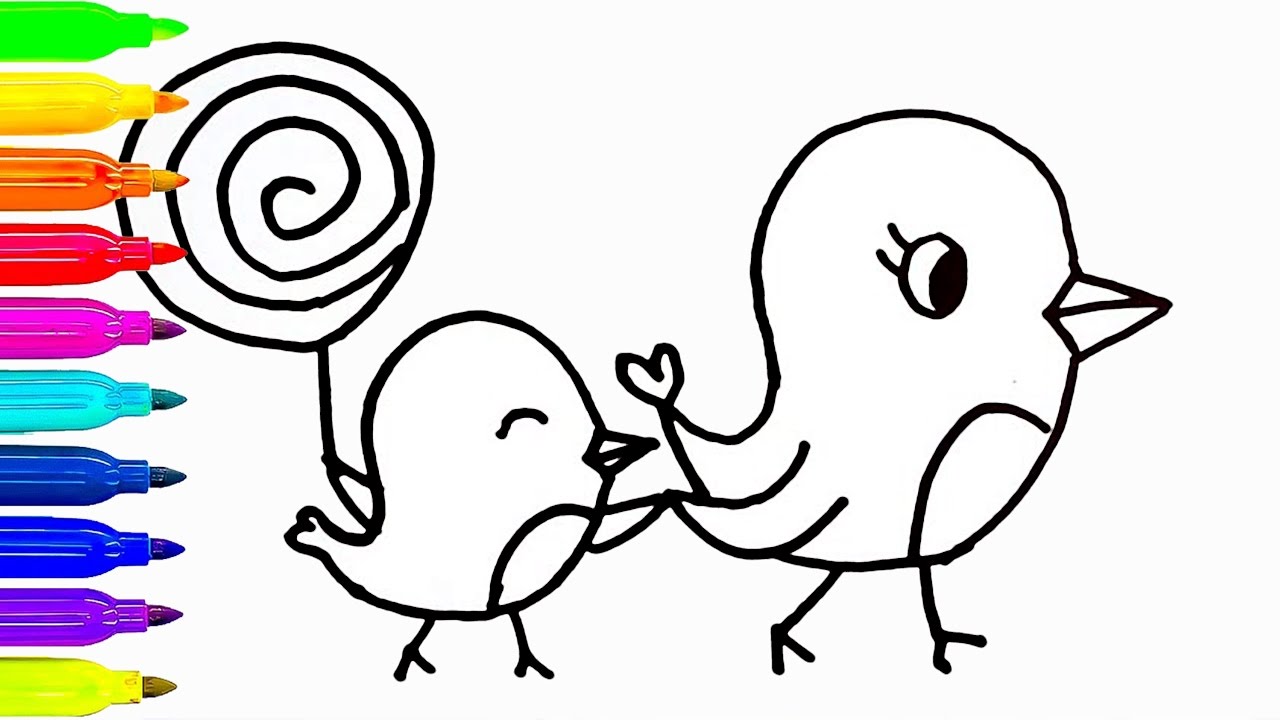 1280x720 Baby And Mom Bird With Candy Drawing Coloring For Kids How
