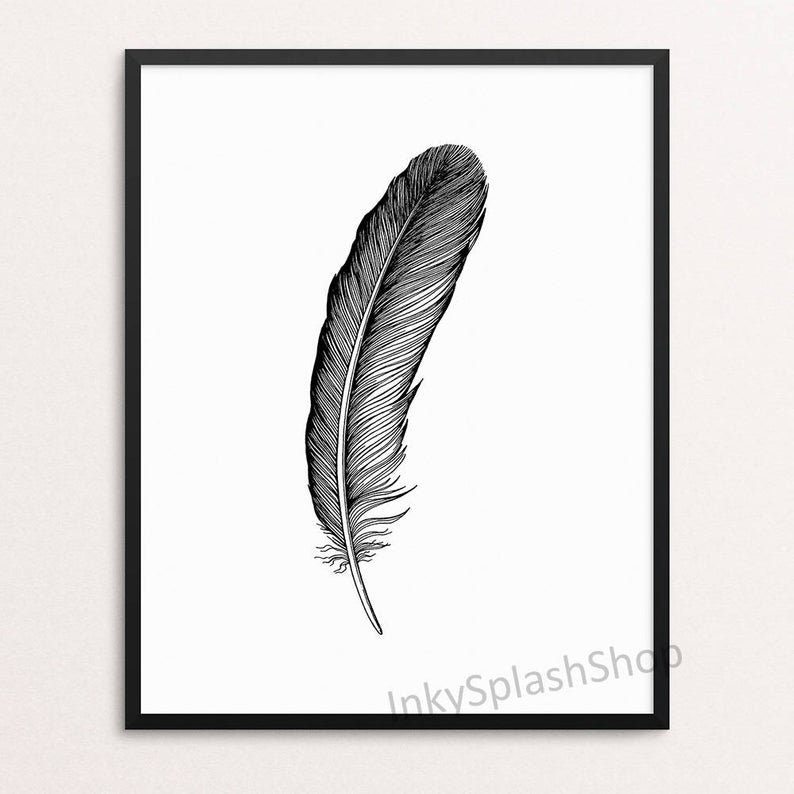 794x794 Feather Art Print Ink Drawing Black And White Boho Wall Decor Etsy