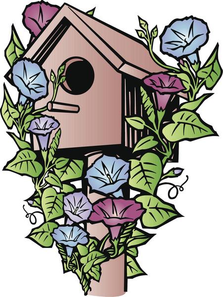 451x600 Pretty Spring Flowers On Wooden Bird House Drawing Vinyl Decal