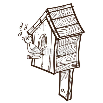 400x400 Vector Monochrome Singing Bird Near Birdhouse Illustration