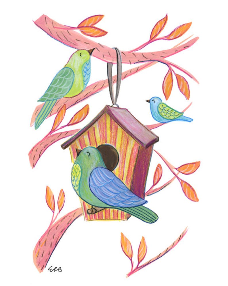 794x993 Art Print Pink Birdhouse Illustration Original Drawing Art Etsy
