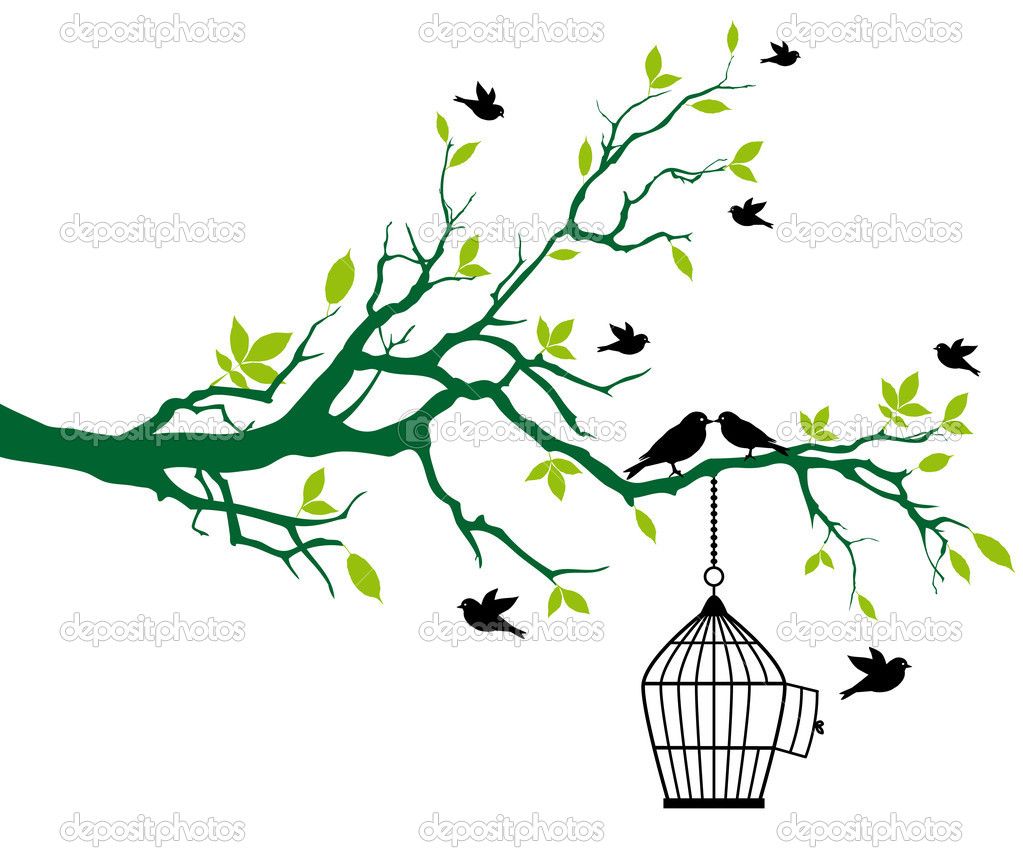 1023x861 Free Art Drawings Birds Tree With Birdcage And Kissing Birds
