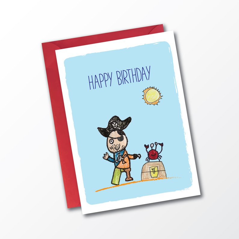 794x794 Kids Birthday Card Printable Pirate And Crab With Treasure Etsy