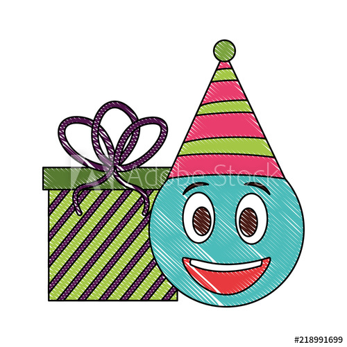 500x500 Birthday Emoji Face With Party Hat And Gift Vector Illustration