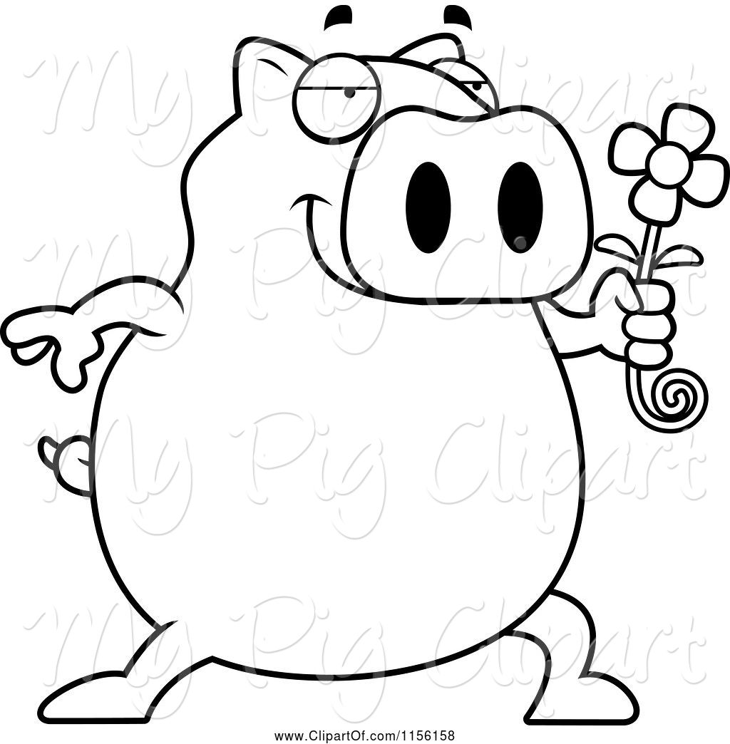 1024x1044 Swine Clipart Of Cartoon Black And White Pig Holding A Daisy