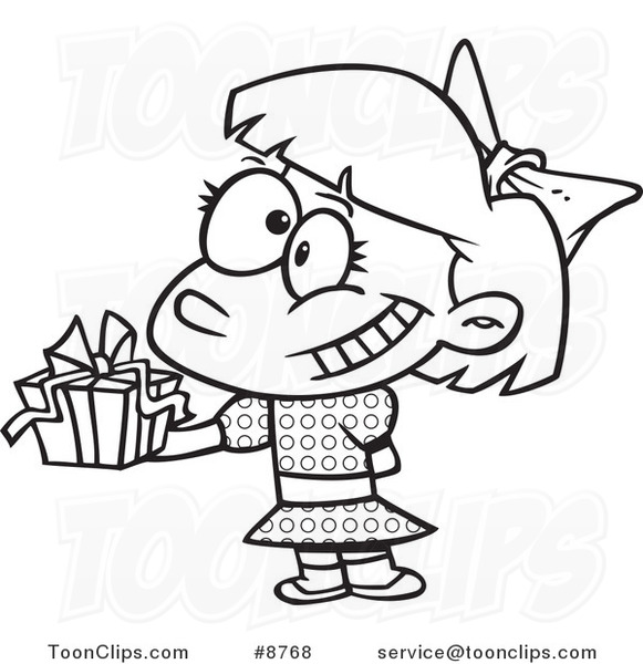 581x600 Cartoon Black And White Line Drawing Of A Girl Holding A Gift