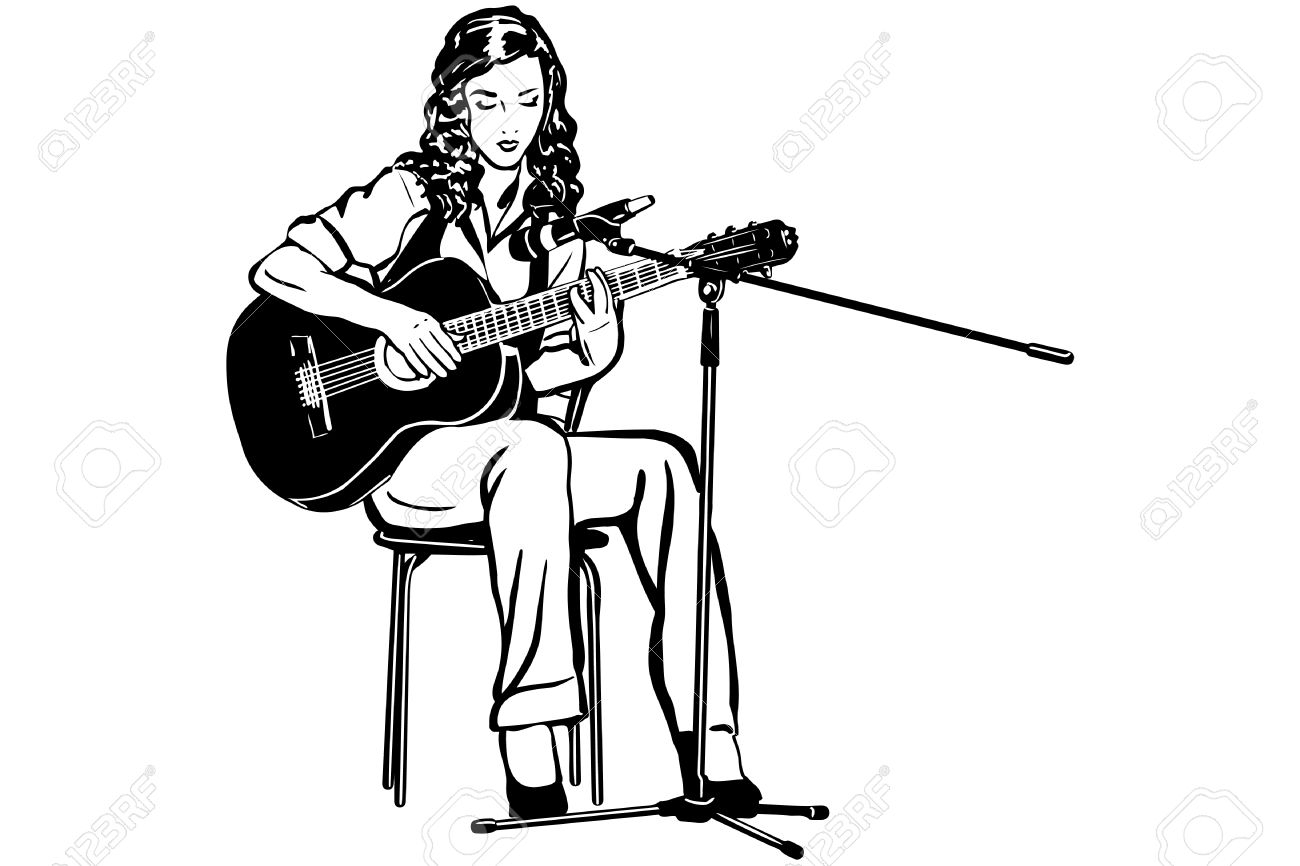 1300x866 Sketch Of A Girl Playing Guitar Black And White Sketch Of A Girl