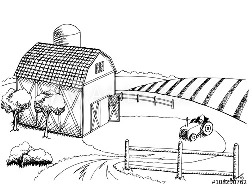 500x375 Farm Field Graphic Art Black White Landscape Illustration Vector