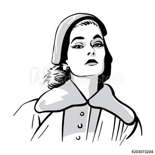 500x500 Woman Face Portrait With Hat Black And White Illustration
