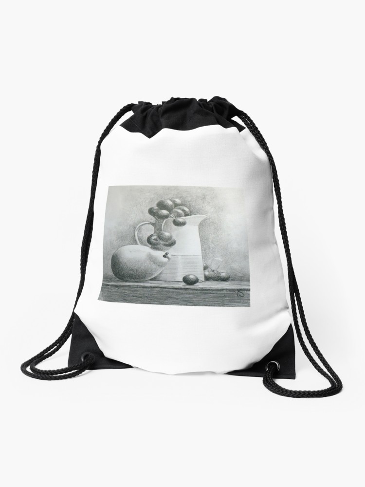 750x1000 Still Life With Pear Grapes Pencil Drawing Drawstring Bag