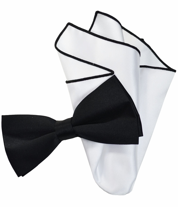 602x700 Solid Black Bow Tie With White Trim Pocket Square