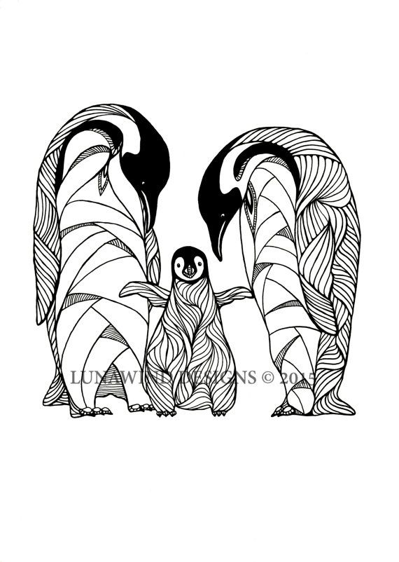 570x802 Hand Drawn Pen And Ink Penguin Family Arctic Bird Hand Signed