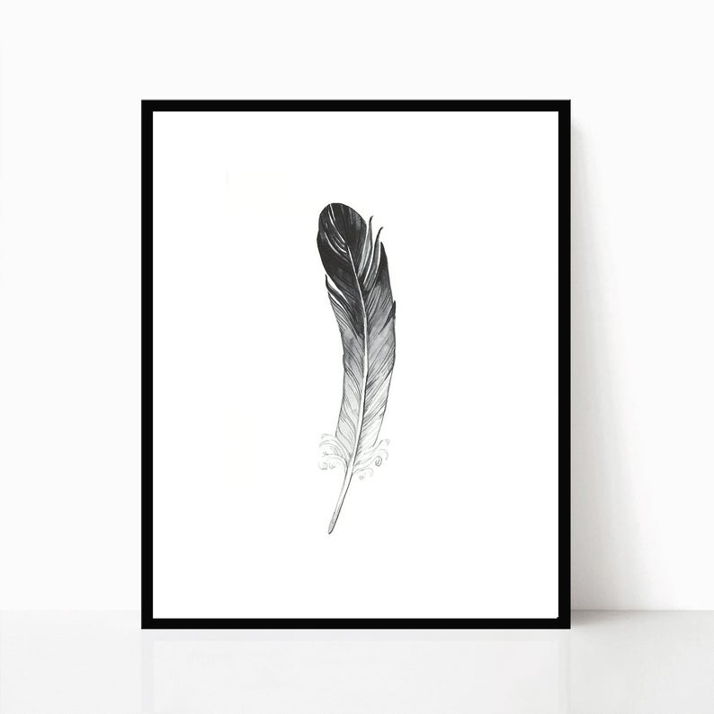 794x794 Feather Print Feather Watercolor Black And White Drawing Etsy