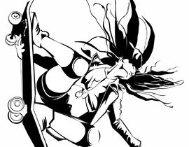 270x210 black and white drawing of a female skateboarder freelancer