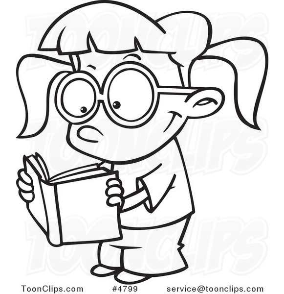 581x600 Cartoon Black And White Line Drawing Of A Happy Girl Reading