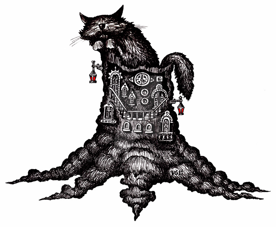 900x742 Cat On Stump Surreal Pen Ink Drawing